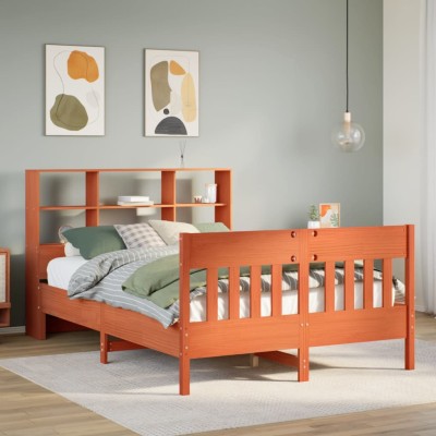 Cama sin colchón madera maciza de pino marrón cera 140x200 cm
