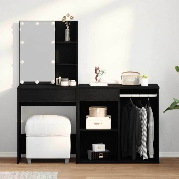 Mesa de Maquillaje LED con cajón Roble negro 140 x 40 x 140 cm