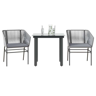 Juego comedor jardín 3 pzas cojines ratán sintético vidrio gris