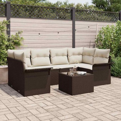 Conjunto de sofá de jardín 7 pcs Marrón Poliratán