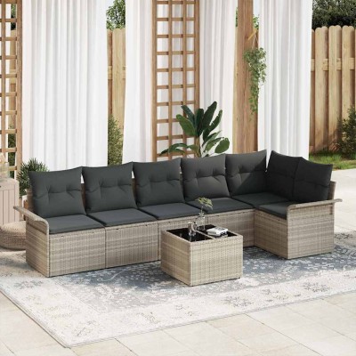 Conjunto de sofá de jardín con cojín 7 pcs Gris claro Poliratán