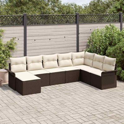 Conjunto de sofá de jardín con cojín 8 pcs Marrón Poliratán