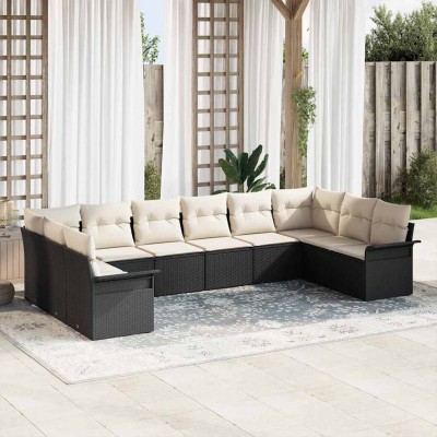 Conjunto de sofá de jardín con cojín 10 pcs Negro Poliratán