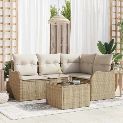 Conjunto de sofá de jardín con cojín 5 pcs Beige Poliratán