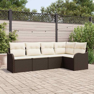 Conjunto de sofá de jardín con cojín 5 pcs Marrón Poliratán