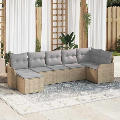 Conjunto de sofá de jardín con cojín 7 pcs Beige Poliratán