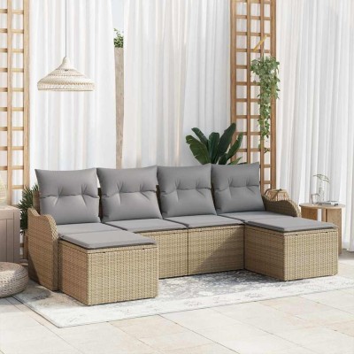 Conjunto de sofá de jardín con cojín 6 pcs Beige Poliratán