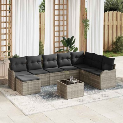 Conjunto de sofá de jardín con cojín 9 pcs Gris claro Poliratán