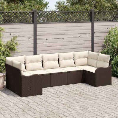 Conjunto de sofá de jardín con cojín 7 pcs Marrón Poliratán