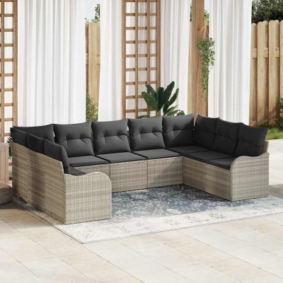 Conjunto de sofá de jardín con cojín 9 pcs Gris claro Poliratán