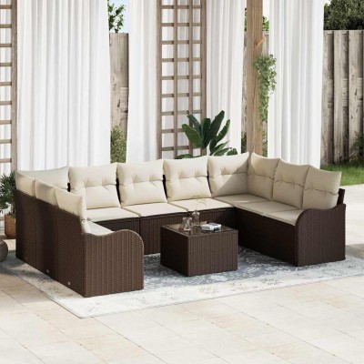 Conjunto de sofá de jardín con cojín 10 pcs Marrón Poliratán