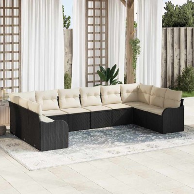 Conjunto de sofá de jardín con cojín 10 pcs Negro Poliratán