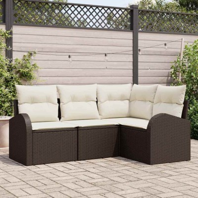 Conjunto de sofá de jardín con cojín 4 pcs Marrón Poliratán