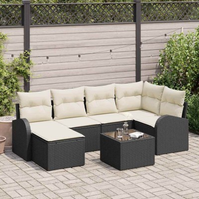 Conjunto de sofá de jardín con cojín 7 pcs Negro Poliratán