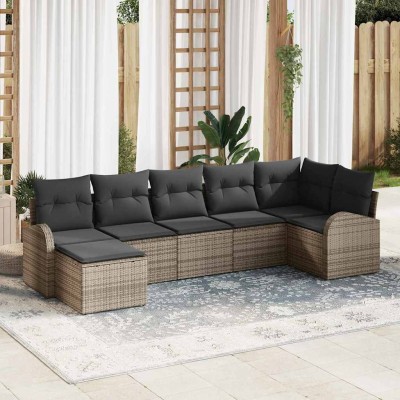 Conjunto de sofá de jardín con cojín 7 pcs Gris Poliratán