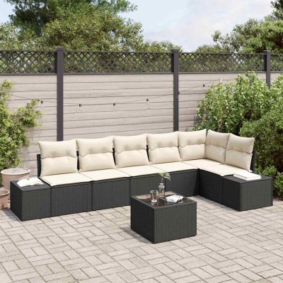 Conjunto de sofá de jardín 7 pcs Negro y crema Poliratán