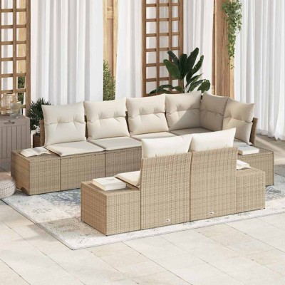 Conjunto de sofá de jardín 7 pcs beige y crema Poliratán