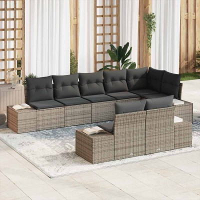 Conjunto de sofá de jardín con cojín 8 pcs Gris Poliratán