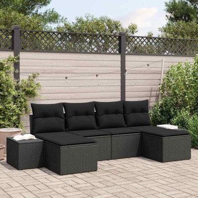 Conjunto de sofá de jardín con cojín 6 pcs Negro Poliratán