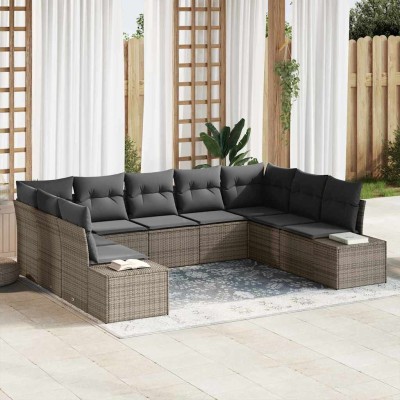 Conjunto de sofá de jardín con cojín 9 pcs Gris Poliratán