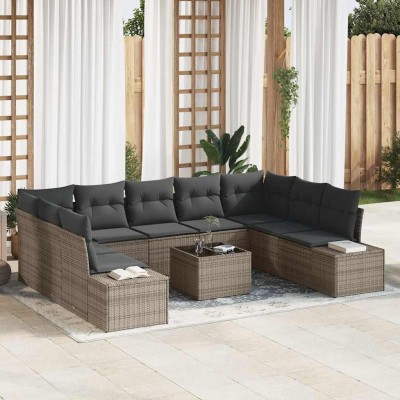 Conjunto de sofá de jardín con cojín 10 pcs Gris Poliratán