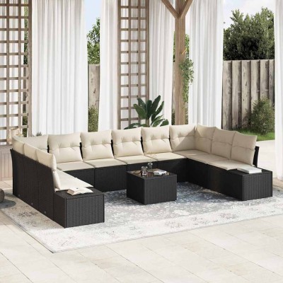 Conjunto de sofá de jardín con cojín 11 pcs Negro Poliratán