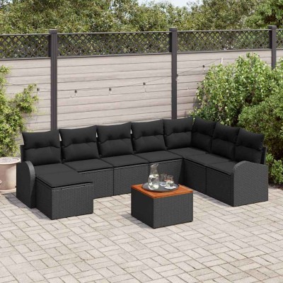 Conjunto de sofá de jardín con cojín 9 pcs Negro Poliratán