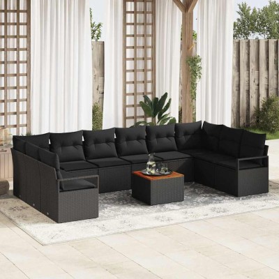 Conjunto de sofá de jardín con cojín 11 pcs Negro Poliratán