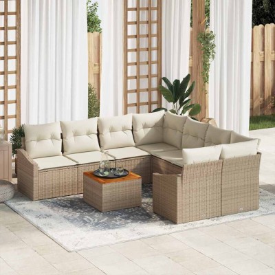 Conjunto de sofá de jardín con cojín 9 pcs Beige Poliratán