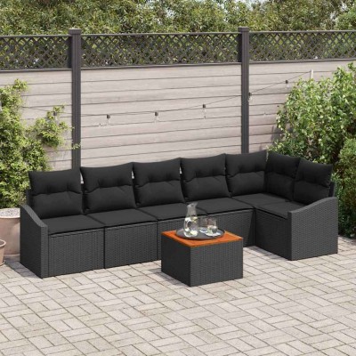 Conjunto de sofá de jardín con cojín 7 pcs Negro Poliratán