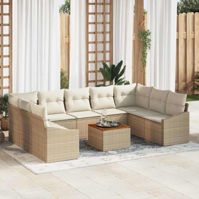 Conjunto de sofá de jardín con cojín 10 pcs Beige Poliratán