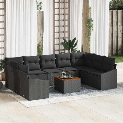 Conjunto de sofá de jardín con cojín 10 pcs Negro Poliratán