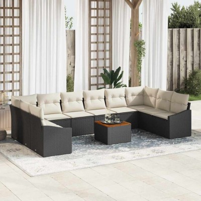 Conjunto de sofá de jardín con cojín 11 pcs Negro Poliratán