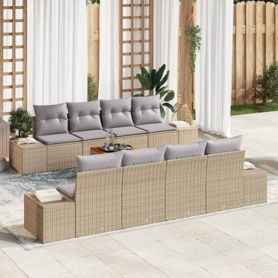 Conjunto de sofá de jardín con cojín 9 pcs Beige Poliratán