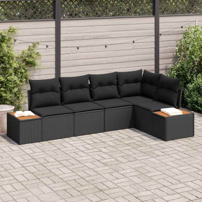 Conjunto de sofá de jardín con cojín 5 pcs Negro Poliratán