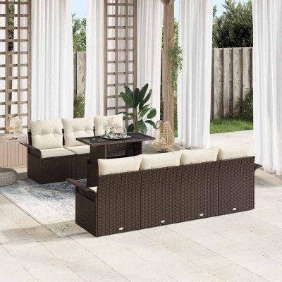 Conjunto de sofá de jardín con cojín 8 pcs Marrón Poliratán
