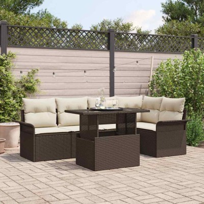 Conjunto de sofá de jardín con cojín 6 pcs Marrón Poliratán