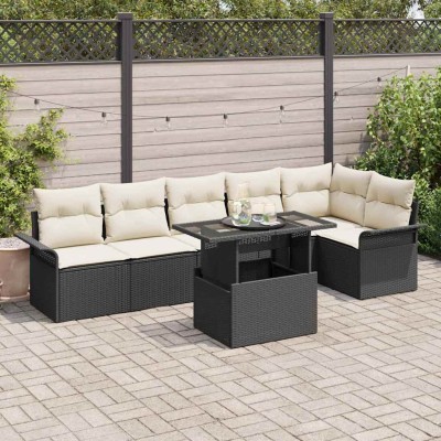 Conjunto de sofá de jardín con cojín 7 pcs Negro Poliratán