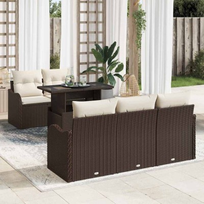 Conjunto de sofá de jardín con cojín 6 pcs Marrón Poliratán