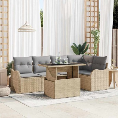 Conjunto de sofá de jardín con cojín 6 pcs Beige Poliratán