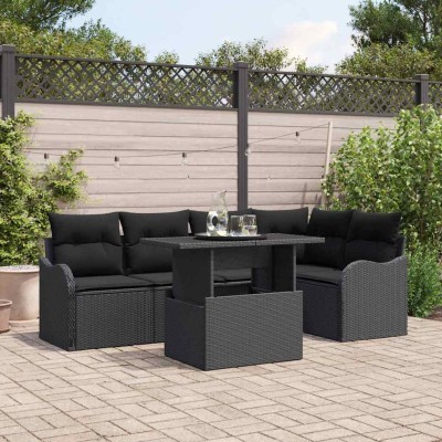Conjunto de sofá de jardín con cojín 6 pcs Negro Poliratán
