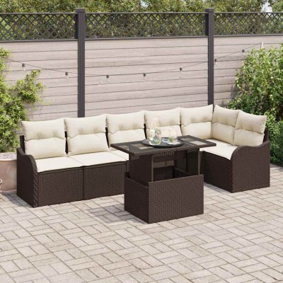 Conjunto de sofá de jardín con cojín 7 pcs Marrón Poliratán