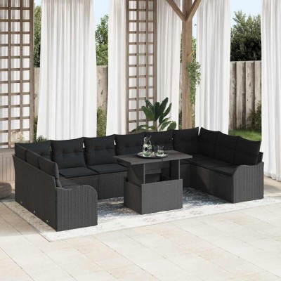 Conjunto de sofá de jardín con cojín 11 pcs Negro Poliratán