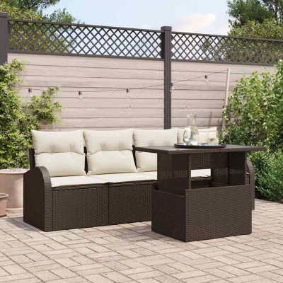 Conjunto de sofá de jardín con cojín 5 pcs Marrón Poliratán