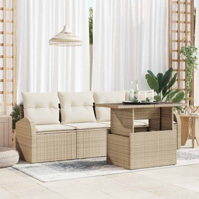 Conjunto de sofá de jardín con cojín 5 pcs Beige Poliratán