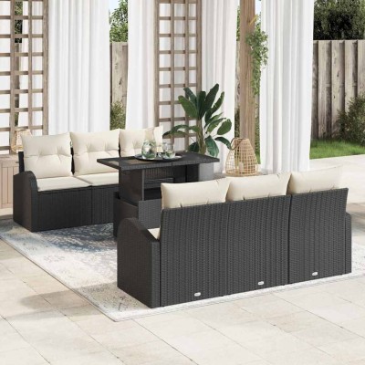 Conjunto de sofá de jardín con cojín 7 pcs Negro Poliratán
