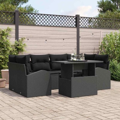 Conjunto de sofá de jardín con cojín 7 pcs Negro Poliratán