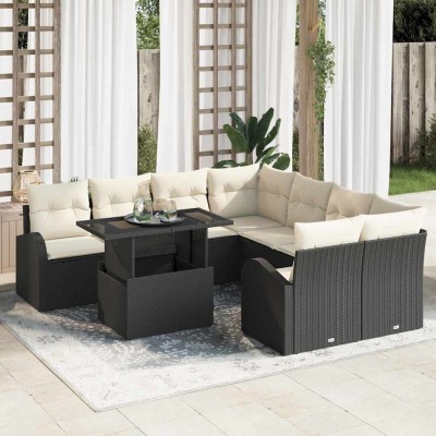 Conjunto de sofá de jardín con cojín 9 pcs Negro Poliratán