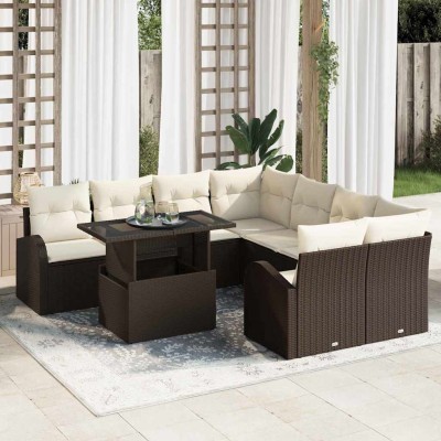 Conjunto de sofá de jardín con cojín 9 pcs Marrón Poliratán
