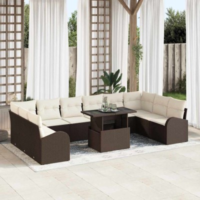 Conjunto de sofá de jardín con cojín 11 pcs Marrón y crema